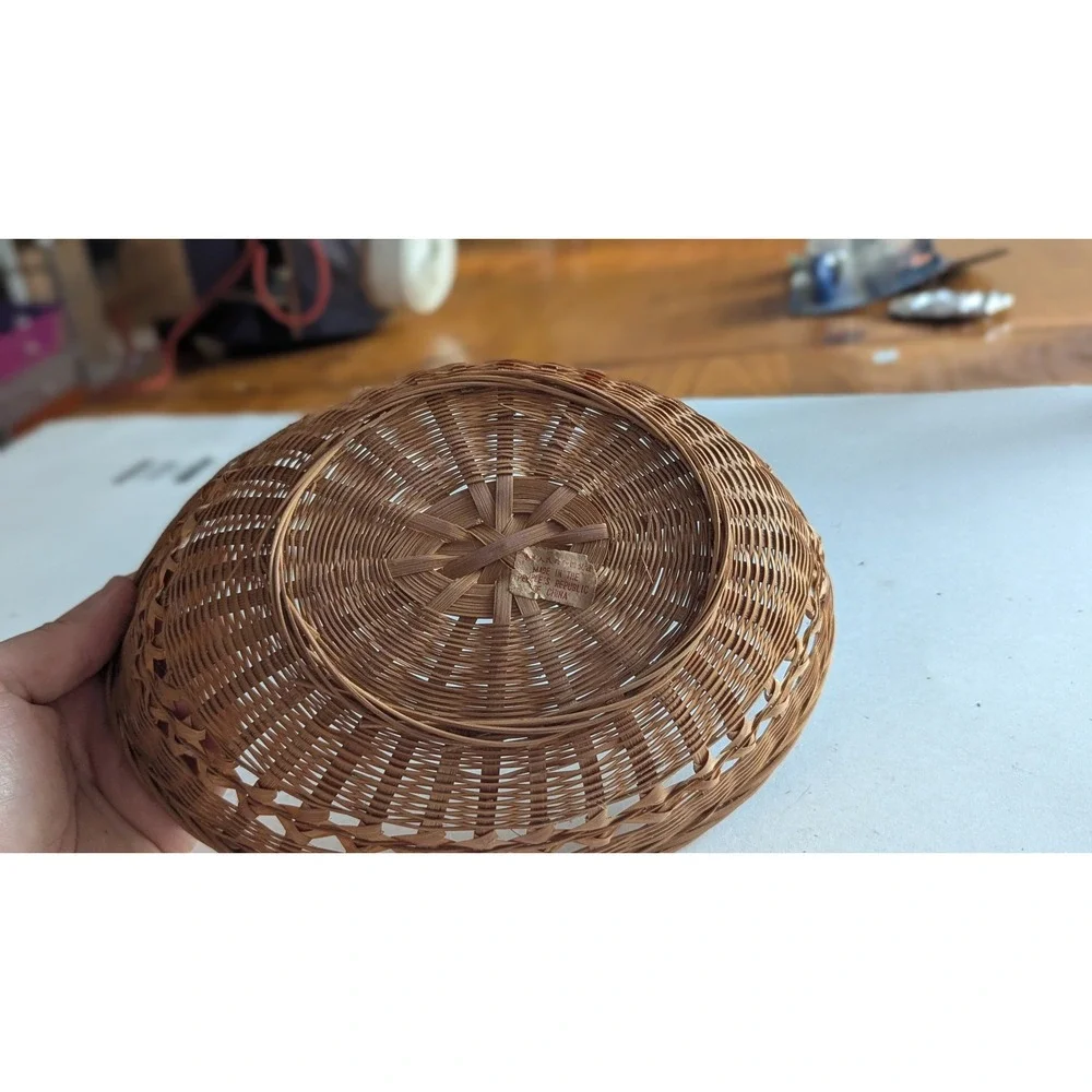 Vintage Woven Bamboo Oval Basket Bowl Lattice Weave Natural Brown China 8.5in
